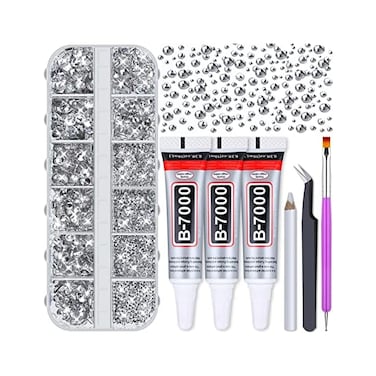 Audab B7000 Jewelry Adhesive Glue with Rhinestones for Crafts, 2100Pcs Flat Back Gems Crystal Rhinestones with Tweezer Dotting Tools Clear Glue for DIY Clothes Fabric Shoes Jewelry Making Nail Art