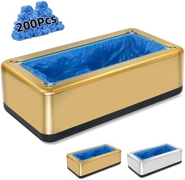 Blemoacha Automatic Shoe Covers Dispenser,200 Pcs Disposable Shoe Cover,Waterproof T Buckle Shoe Cover for Adult and Kids All Sizes,Portable Machine for Indoors/Home/Office/Hospital (Gold