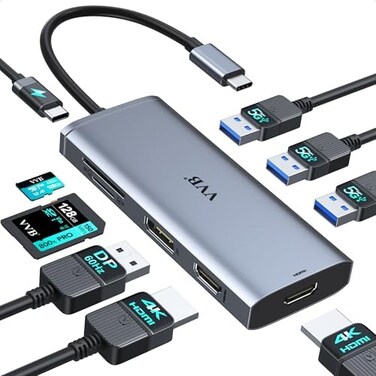 VVB USB C Docking Station Triple Display for Dell HP, 9 IN 1 USB C Hub Multiport Adapter Thunderbolt Dock with 2 HDMI, DP, 3 USB 3.0 Ports, 100W PD, SD/TF Card Reader for Macbook, Lenovo, Surface Lapt