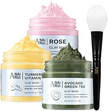 ANAI RUI Turmeric Vitamin C Clay Mask -Rose Facial Mask -Avocado Green Tea Mud Mask,Facial Mask Skincare for Deep Cleansing,Purify Pores 2.5 oz each