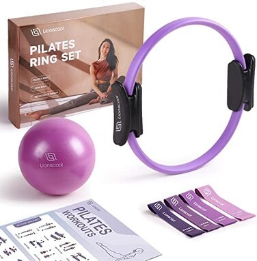 LIONSCOOL PILATES RING SET - Premium Anti-Deformation 14&rdquo;Magic Circle with Dual Padded Handles - Includes Burst Resistant Pilates Mini BallHighly Elastic Resistance Bands - Free Workout GuideBag