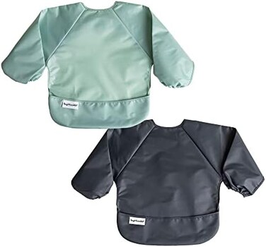 Tiny Twinkle Mess Proof Baby Bib, 2 Pack Long Sleeve Bib Outfit, Waterproof Bibs for Toddlers, Machine Washable, Tug Proof (Sage Charcoal, Large 2-4 Years