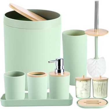 iMucci 8Pcs Pastel Green Bathroom Accessories Set - with Trash Can,Toilet Brush,Toothbrush Holder, Lotion Soap Dispenser, Soap Dish,Toothbrush Cup,Qtip Holder (Bamboo Cover