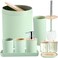 iMucci 8Pcs Pastel Green Bathroom Accessories Set - with Trash Can,Toilet Brush,Toothbrush Holder, Lotion Soap Dispenser, Soap Dish,Toothbrush Cup,Qtip Holder (Bamboo Cover