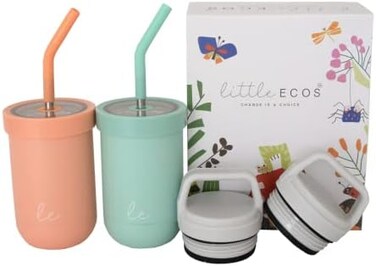 LITTLE ECOS Double walled Insulated Smoothie cups for kidsToddler Cups with StrawsSet of 2 Straw Sippy CupStainless steel baby cup with Thermos Lid for Hot StorageKids Straw Cups