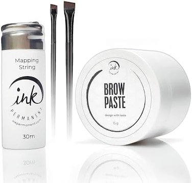 Ink Permanent White Premium Pre-Inked Mapping String [100 Ft Bottle] and White Brow Paste [Large 15g Bottle] Set for Permanent Makeup and Microblading Brow Shape and Define 15 g / 0.5 oz, Eyebrow Tint