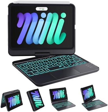 GreenLaw Keyboard Case for iPad Mini 7 A17 Pro(2024Mini 6 (20218.3", Touchpad Keyboard with 7 Color Backlit, Type-C Rechargeable, 360&deg; Rotate Case for iPad Mini 7th/6th Generation, Black
