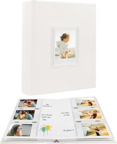 Veicevol Photo Album for Fujifilm Instax Mini Camera, 180 Pockets Photo Album with Writing Space for Polaroid, Leather Cover, 2x3 Photo for Instax Mini 12 11 9 40 8 7 Evo LiPlay Instant Camera (White