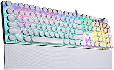AULA F2088 Typewriter Style Mechanical Gaming Keyboard,Rainbow LED Backlit,Removable Wrist Rest,Media Control Knob,Retro Punk Round Keycaps,USB Wired Computer Keyboard,White