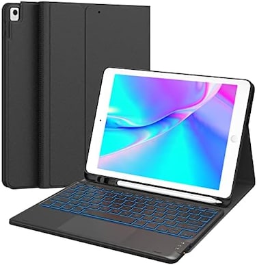 جراب CHESONA لجهاز iPad من الجيل التاسع مع لوحة مفاتيح، بإضاءة خلفية بسبعة ألوان، ولوحة لمس متعددة اللمس، وحامل قلم مدمج، وقناتين لاسلكيتين، وحامل قابل للطي مع لوحة مفاتيح، متوافق مع iPad من الجيل الت