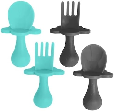 Grabease Baby Spoons and Forks Utensils for Toddlers Infants BPA-FreePhthalate-Free Baby Silverware, 2 Sets, Teal and Gray - Infant Spoon - Toddler Fork