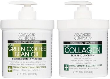 Advanced Clinicals Collagen Firming CreamGreen Coffee Bean Oil Cellulite Body Lotion Moisturizer Skin Care Set, Anti Aging FirmingTightening Dry Skin Rescue FaceBody Cream Set, 16oz (2-Pack