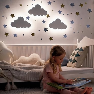 KALEOLI Nursery Cloud Light (Pack of 1- RechargeableDimmable LED Night Light with TimerTouch Control - 68 Star Wall Stickers - Chain Free Design for Baby Nursery - Must Have Nursery Decor