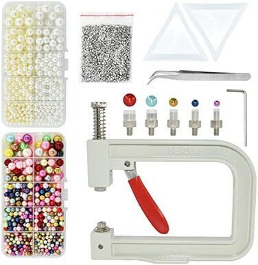 BDS-HOME 5400pcs Pearl Beads Hand Press Pearl Setting Tool Set, Beads Rivet Fixing Machine, DIY Handmade Pearl Setting Machine with Beads Nails Screw Heads Tweezers Wrench Trays for DIY Crafts Accesso