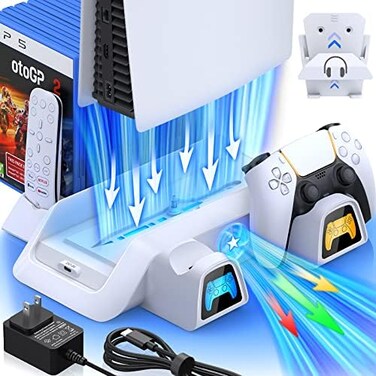 CYKOARMOR PS5 Stand with Cooling StationDual Controller Charger for Playstation 5 PS5 Console, PS5 Accessories with 5V/3A Adapter, PS5 Base with Cooler Fan, Charging Dock and Game Holder White