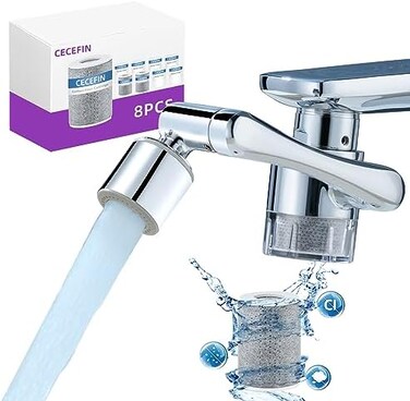 CECEFIN Splash Filter Sink Faucet Aerator - 8pcs Replace Water Purifier, 1080&deg; Rotating Tap Extender, 2 Modes Pressurized Spray Attachment, Solid Brass Robotic Arm for Kitchen/Bathroom Face/Eye Wash
