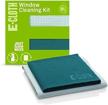 E-Cloth Window Cleaning Kit, Premium Microfiber Glass and Window Cleaner, Great for Shower Glass Doors, IndoorOutdoor Windows and Car Windshield, Washable and Reusable, 100 Wash Guarantee, Green