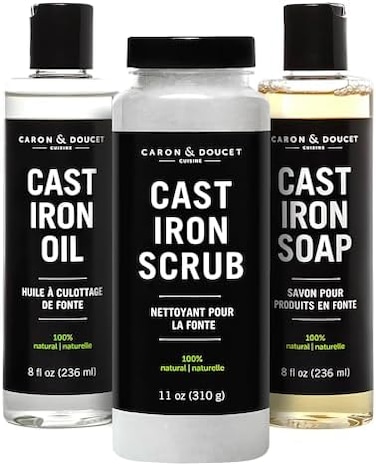 CARON &amp; DOUCET CARONDOUCET - Cast Iron Seasoning Conditioning Ultimate Bundle - Cast Iron Oil, Cast Iron Soap Cast Iron Scrub - 100% Plant Based Formulation - Helps Maintain Seasoning on All Cast Iron