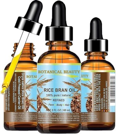 Botanical Beauty RICE BRAN OIL. 100% Pure/Natural/Refined/Undiluted Cold Pressed Carrier Oil for Face, Body, Hair, Massage and Nail Care. 2 Fl. oz-60 ml