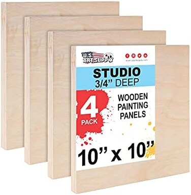 U.S. Art Supply 10" x 10" Birch Wood Paint Pouring Panel Boards, Studio 3/4" Deep Cradle (Pack of 4- Artist Wooden Wall Canvases - Painting Mixed-Media Craft, Acrylic, Oil, Watercolor, Encaustic