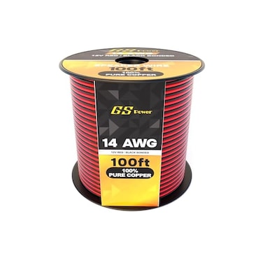 سلك مكبر صوت GS Power True عيار 14 (سلك أمريكي عيار 100 قدم، نحاس مجدول خالٍ من الأكسجين بنسبة 99.97%)، سلك سحاب أحمر/أسود ملتصق، مناسب لأنظمة الصوت في السيارات والمسرح المنزلي وإضاءة LED ومضخمات الصو