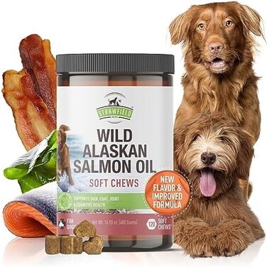 Strawfield Pets Salmon Oil for Dogs - Grain Free Dog Treats, 120 Chews - Omega 3 Fish Oil, for Joint Support, Shedding, Healthy Coat, Itching Skin Allergy Relief, Arthritis Pain, Anti Inflammatory