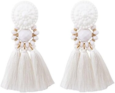 boderier Bohemian Statement Thread Tassel Chandelier Drop Dangle Earrings with Cassandra Button Stud