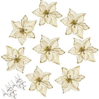 AmaJOY 12pcs Glitter Poinsettia Christmas Tree Ornament Artificial Wedding Christmas Flowers Xmas Tree Wreaths Decor Ornament, 5.5inch, Red and Gold for Choice (Gold