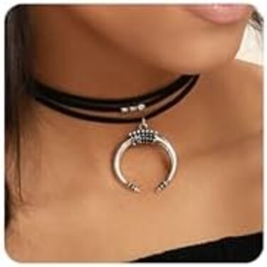 fxmimior Women Black Moon Crescent Pendant Choker Rock Handmade Bohe Necklace Women Accessories
