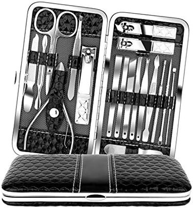 Teamkio Manicure Pedicure Set Nail Clippers Travel Hygiene Kit Stainless Steel Nail Cutter Care Set Scissor Tweezer Knife Ear Pick Utility Tools Grooming Kits with Leather Case 18 in 1 pcs (Black