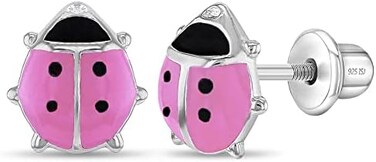 In Season Jewelry 925 Sterling Silver Kids Ladybug Stud Earrings with Safety Screw Back for Little Girls - Cute and Hypoallergenic Twist Locking Screw Back Earrings for Babies, Toddlers, and Young Gir