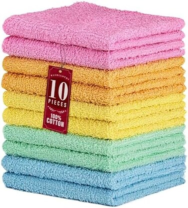 DecorRack 10 Pack 100% Cotton Wash Cloth, Luxurious Soft, 12 x 12 inch Ultra Absorbent, Machine Washable Washcloths, Assorted Colors (10 Pack