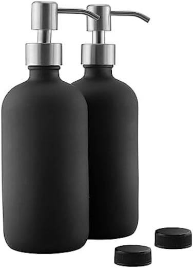 Cornucopia Brands 16oz Black Glass Bottles w/Stainless Steel Pumps (2-Pack; Black Coated Boston Round; LotionSoap Dispensers