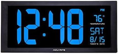 ساعة AcuRite 76100M LED كبيرة الحجم مع عرض درجة الحرارة الداخلية والتاريخ وحامل قابل للطي، مقاس 18 بوصة، لون أزرق