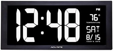 ساعة AcuRite 76102M كبيرة الحجم بتقنية LED مع عرض درجة الحرارة الداخلية والتاريخ وحامل قابل للطي، مقاس 18 بوصة، لون أبيض