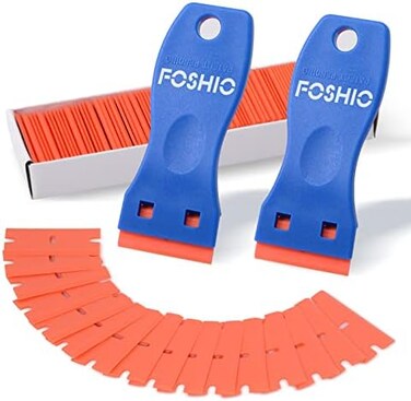 FOSHIO 2PCS Plastic Razor Scrapers Knife with Contoured Grip100 PCS 1.5 inch Refillable Double Edge Plastic Razor Blades Ideal for Auto Window Tint Vinyl Tool Application