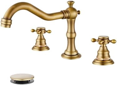 gotonovo Widespread Bathroom Faucet Double Handle Mixer Tap for Bathtub Brushed Gold Antique Brass Three Hole Deck Mount Hot Cold Water Matching Pop Up Drain with Overflow