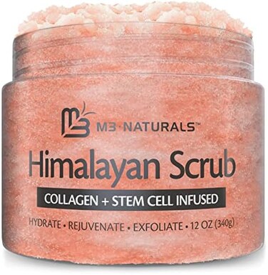 M3 Naturals Himalayan Salt Infused with CollagenStem Cell All Natural BodyFace Scrub with Lychee Sweet Almond Oil Skin Care Exfoliating Blackheads Acne Scars Reduces Wrinkles 12 OZ
