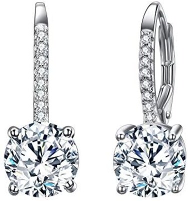 EVER FAITH 925 Sterling Silver Round Cut CZ Prong Setting Gorgeous Leverback Dangle Earrings Clear