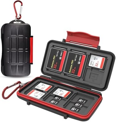 Kiorafoto 36 Slots Professional Water-Resistant Anti-Lost Storage Holder Memory Card Case Protector Wallet for 6 CF12 SD18 Micro SD Cards, with CarabinerCard Tray Removal Eject Pin Key