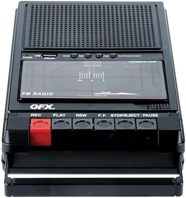 QFX RETRO 39 Shoebox Tape Recorder with USB Player, Cassette Player Built in MicrophoneSpeaker Record Using AUX or Built in Mic, Black