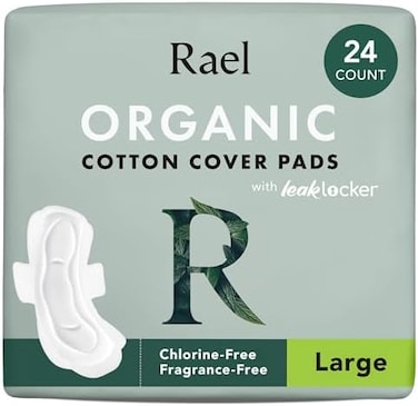 Rael Pads for Women, Organic Cotton Cover - Period Pads with Wings, Feminine Care, Sanitary Napkins, Heavy Absorbency, Unscented (Large, 24 Count