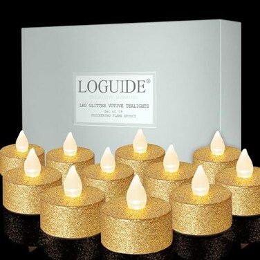 LOGUIDE Battery Operated LED Tea Lights,24 Pack Gold Flameless Votive Tealights Candle with Warm White Flickering light, Small Electric Fake Tea Candle Realistic for Wedding,Table,Festival Celebration