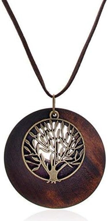 SIVITE Vintage Hollow Round Wooden Necklace Left Owl Tree of Life Charm Pendant Long Leather Chain Necklace