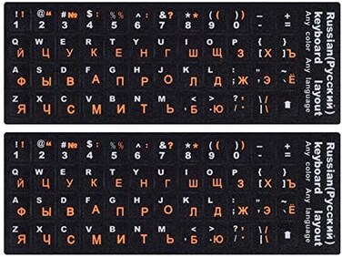 CaseBuy 2PCS Russian Keyboard Stickers, Russian-English Keyboard Letters Replacement Sticker Orange Font with Black Background for PC Computer Laptop Notebook Desktop, Cyrillic Keyboard Alphabet Stick