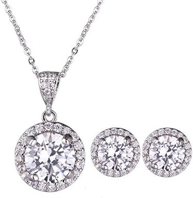 AMYJANE Halo Crystal Jewelry Set - Sterling Silver Round Cubic Zirconia Crystal Bridal Pendant Necklace Earrings Set for Wedding Bride Bridesmaids