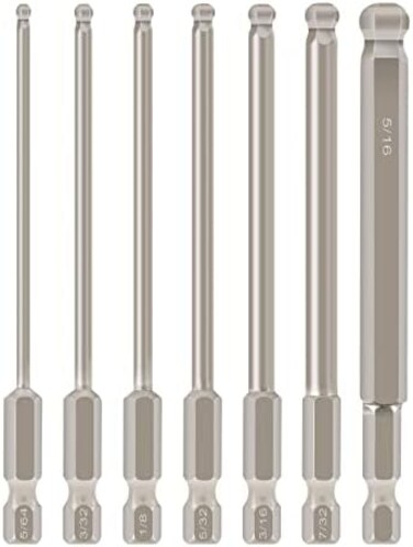 BROPPE 7pcs SAE Ball End Hex Screwdriver Bit Set Hex Head Allen Wrench Drill Bit Set 5/64-5/16 Inch Magnetic 1/4 Inch Hex Shank 100mm Long