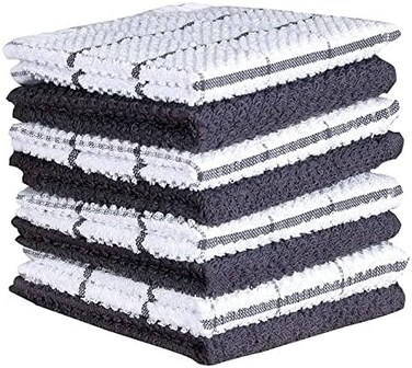 AMOUR INFINI Dish Cloths Set of 8 &ndash; Highly Absorbent, Super Soft Multi-Purpose 12x12 Inch Terry Cotton Dishcloth for Kitchen Cleaning, Drying Dishes, Wiping (Dark Grey