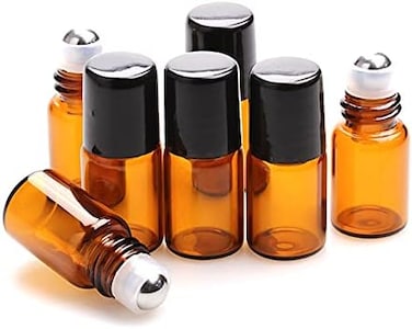 مجموعة فيرنيدو من 25 قطعة، زجاجات عطور صغيرة فارغة بلون العنبر سعة 1 مل/2 مل، قابلة لإعادة التعبئة، مصنوعة من الفولاذ المقاوم للصدأ، مزودة بكرة دوارة، تحتوي على زيت عطري سائل، مع أغطية سوداء، وقوارير