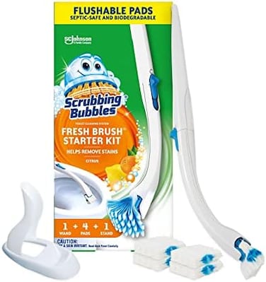 Scrubbing Bubbles Toilet Bowl Brush and Holder with Cleaner Refill Pads, Fresh Brush Toilet Wand Starter Kit, Cleans LimescaleFights Odors, Citrus Scent, 1 Wand4 Refills1 Stand